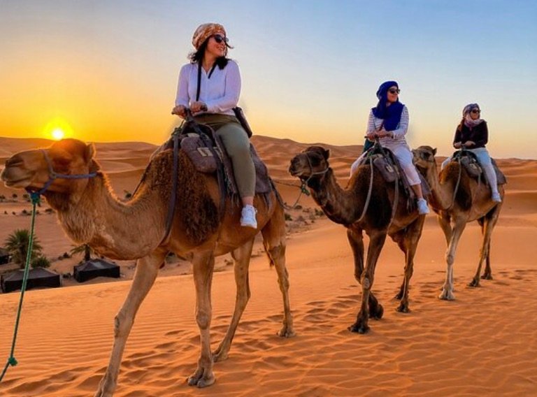 Camel ride at sunset on a Morocco private excursion to the Sahara
