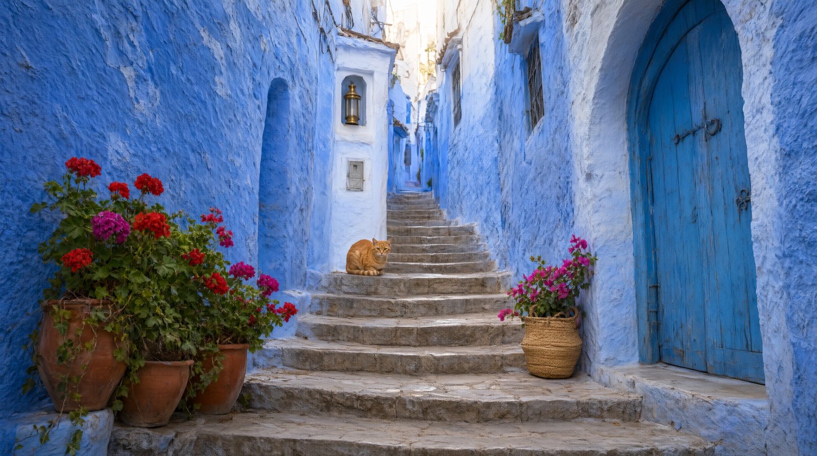Blue stairs of Chefchaouen reached by private driver from Casablanca