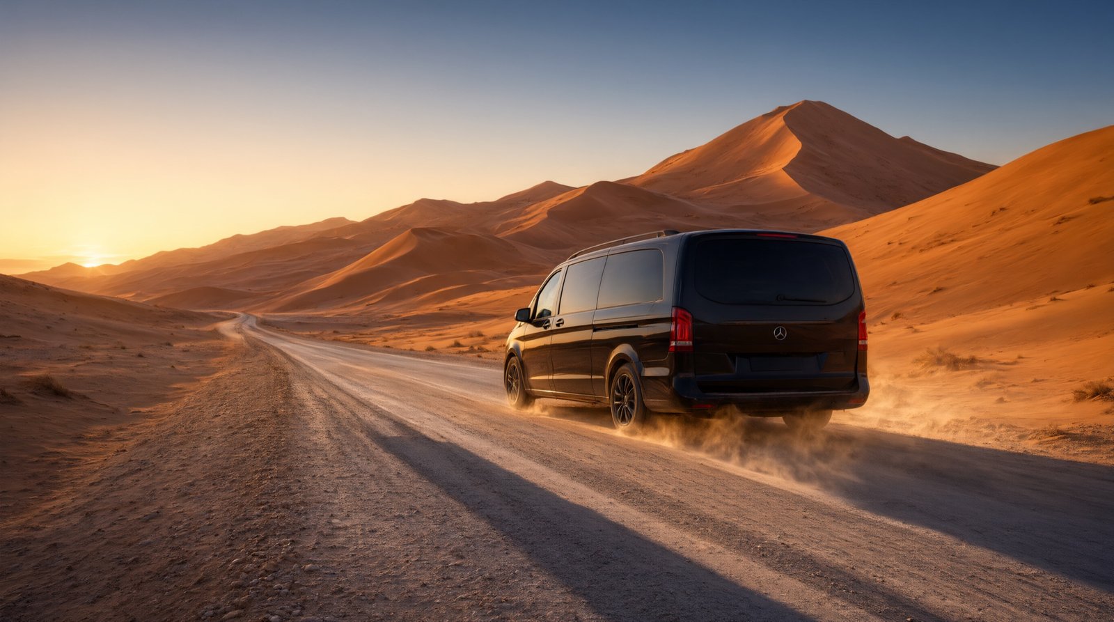 Private Mercedes van on the desert road to Merzouga — Morocco private tours