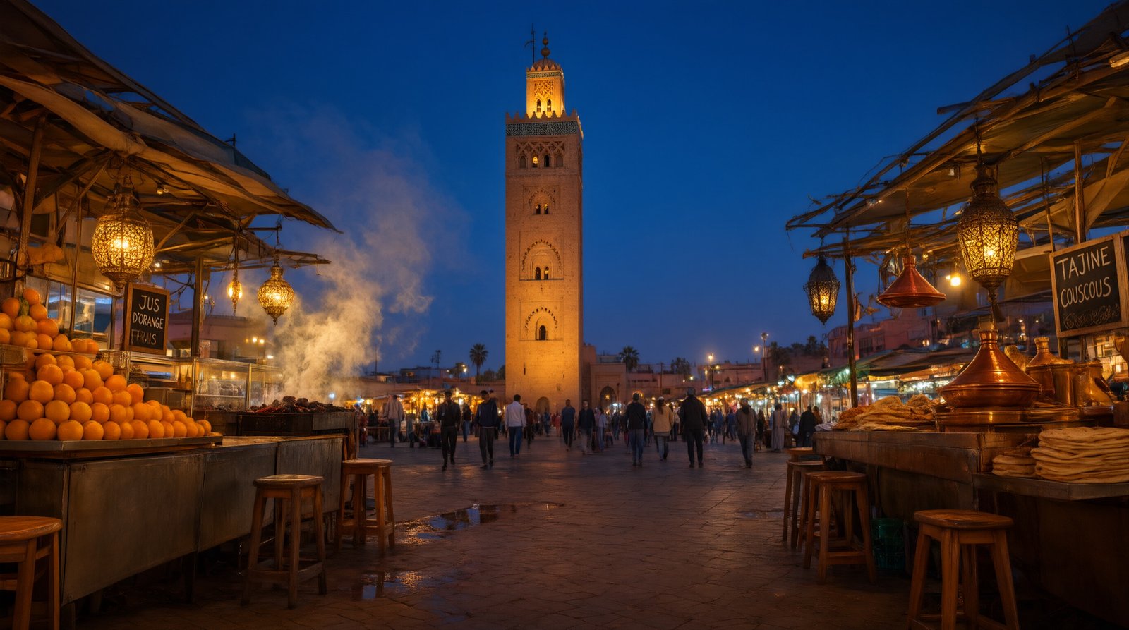 Jemaa el-Fna square and Koutoubia at night in Marrakech